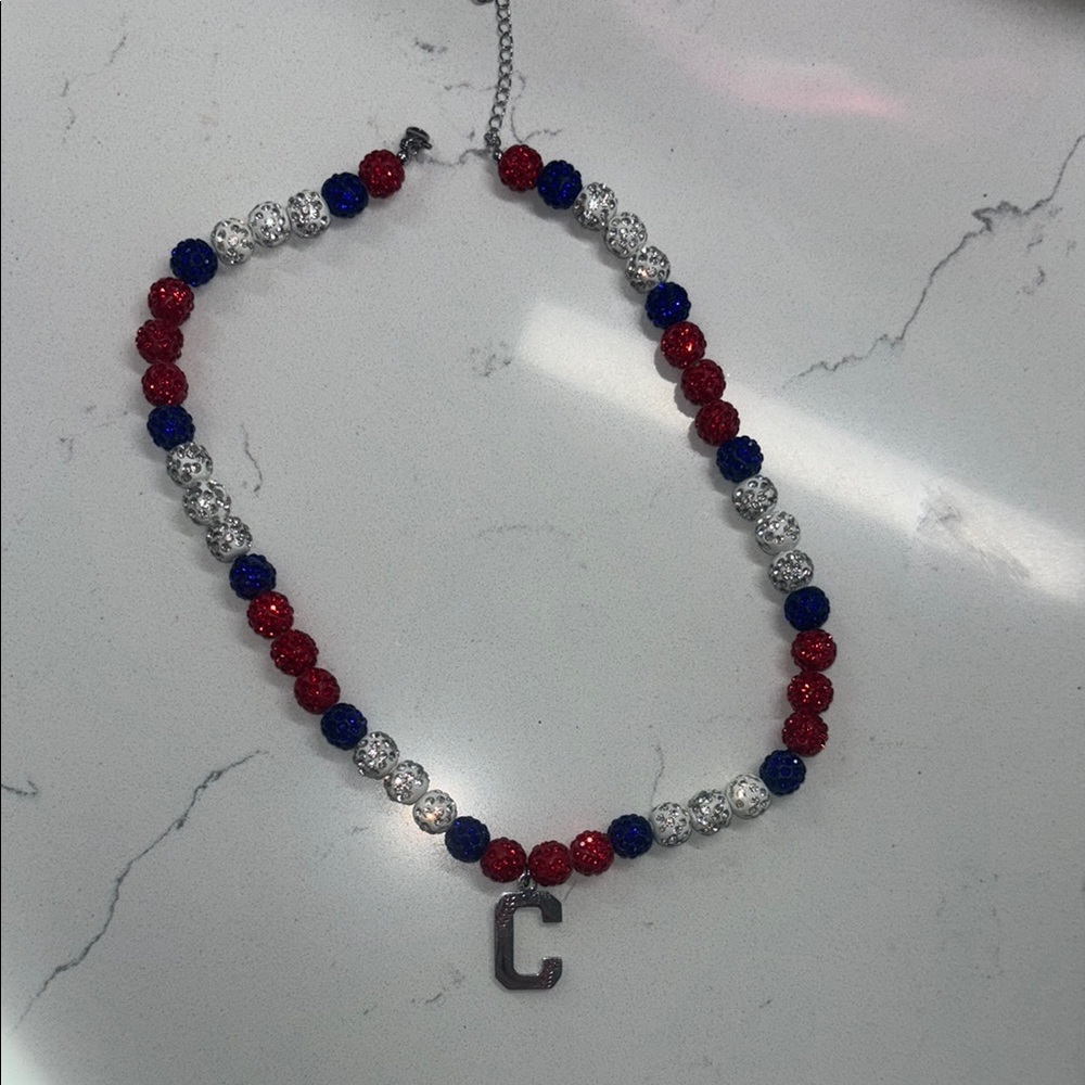 Softball Necklace - Red, Blue & Silver Beaded Necklace with “C” Pendant